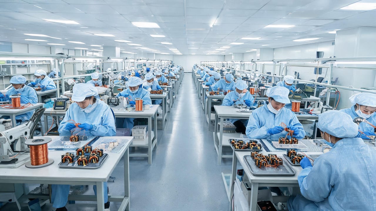 京电首研现代化洁净生产车间，技术人员正在进行变压器绕组装配
